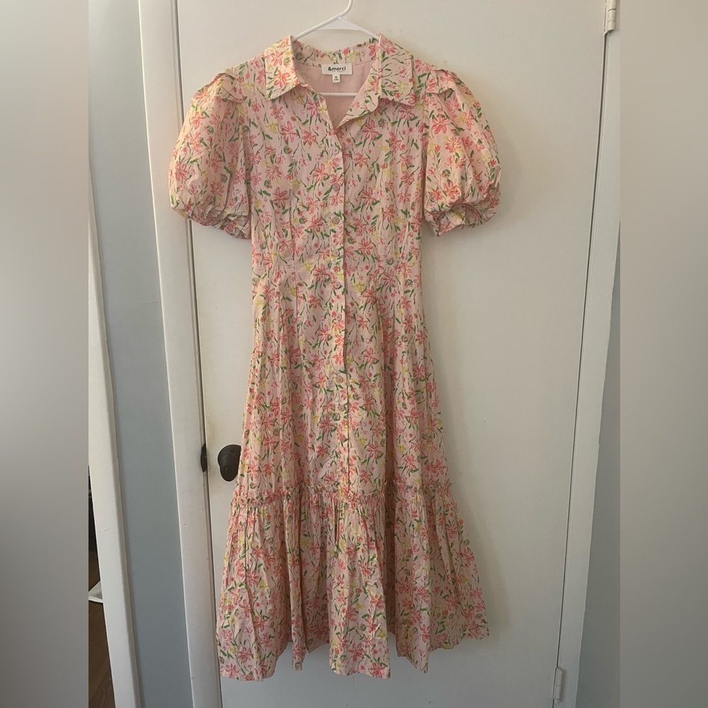 &Merci Pink floral maxi puff sleeve dress